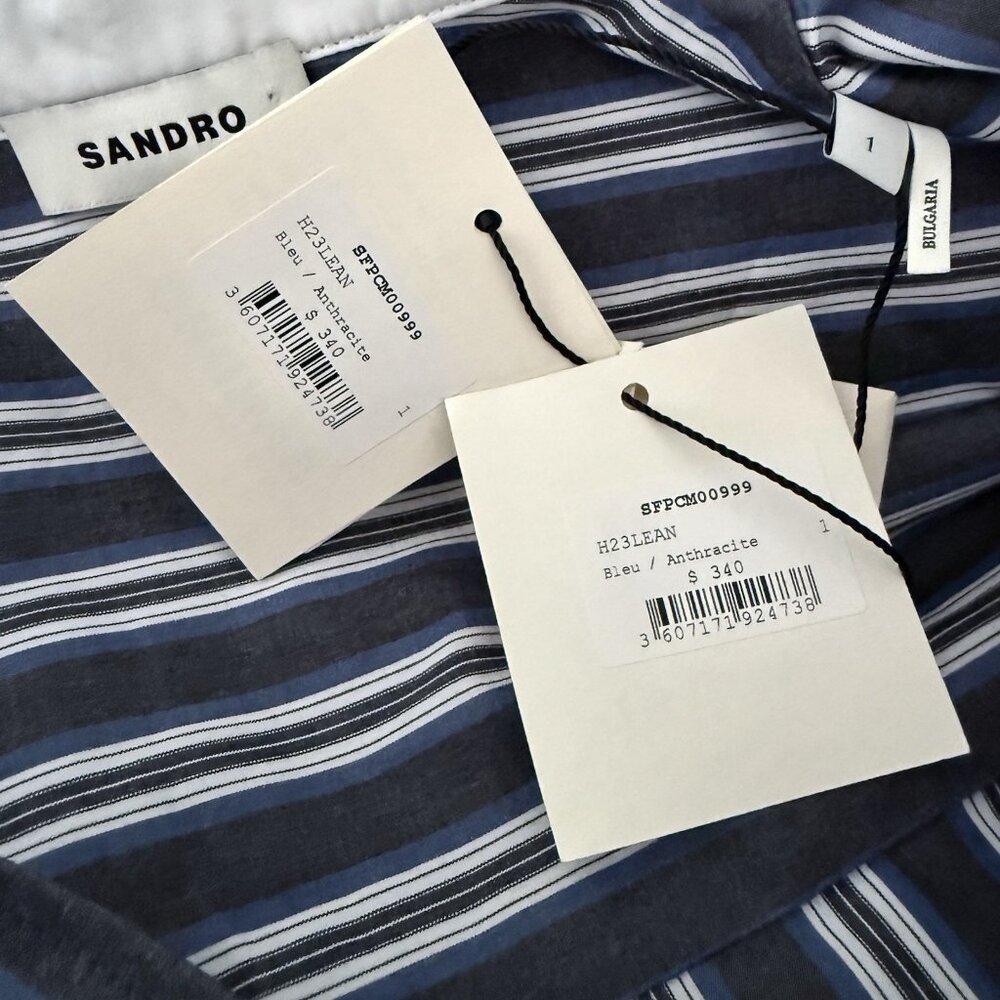 Sandro Oversized Striped Button Down Shirt Blue Grey Size S $340 - Picture 9 of 13